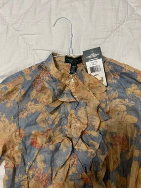 Ralph Lauren Blue and Yellow Floral Ruffle Button-Up Blouse